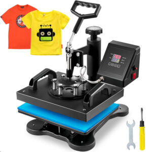 Image of the E-Photonic Swing Away Sublimation Heat Press Machine, highlighting its unique swing-away design, digital display panel, and compact, durable build for sublimation printing.