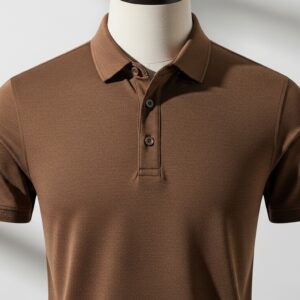 "Brown polo t-shirt with short sleeves and buttoned collar, displayed on a plain background."