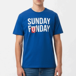 Men's Blue "Sunday Funday" Graphic Tee with Red Cup Print
