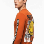 Men's Rust Orange Printed Full Sleeve Cotton T-Shirt