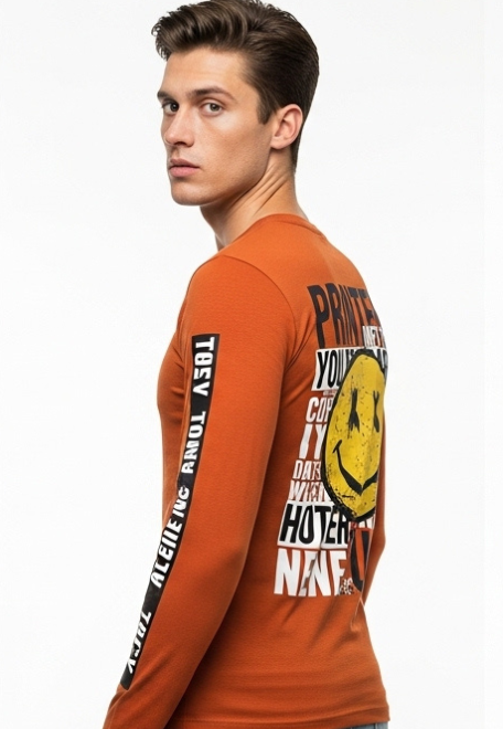 Men's Rust Orange Printed Full Sleeve Cotton T-Shirt