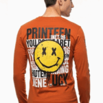 Men's Rust Orange Printed Full Sleeve Cotton T-Shirt