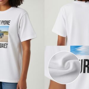 White unisex cotton t-shirt featuring a graphic print of a jeep in the desert with bold black text, worn by a model, shown in front, back, and close-up fabric detail views.