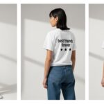 White t-shirt with the phrase "best friends forever" in playful black font and yellow star graphics, displayed on a light purple background.