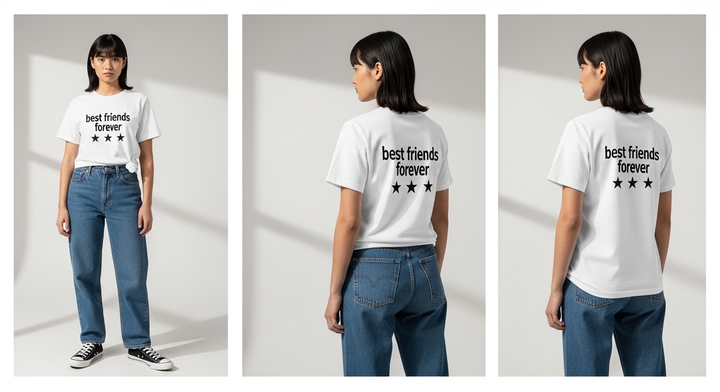 White t-shirt with the phrase "best friends forever" in playful black font and yellow star graphics, displayed on a light purple background.