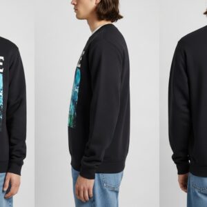 Front, side, and back view of a male model wearing a black Ganaplle sweatshirt featuring colorful abstract art and bold typography, paired with blue jeans.